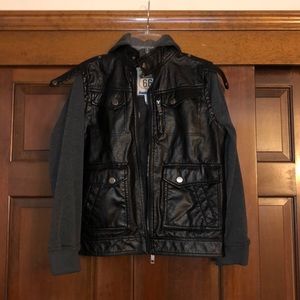 Black and grey leather jacket/ regular hoodie